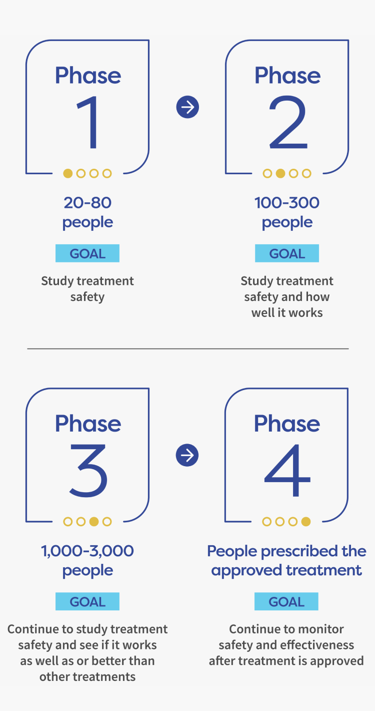 Clinical trials have a total of 4 phases to test safety and effectiveness. Each phase includes more participants than the previous phase.