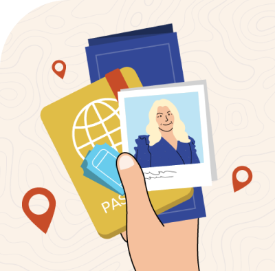 Illustration of a hand holding a passport and boarding pass