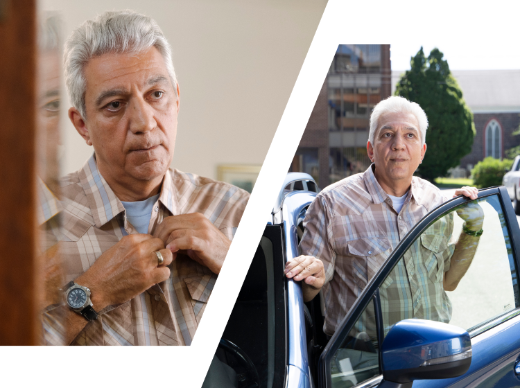 Patient buttoning his shirt and getting out of the car.