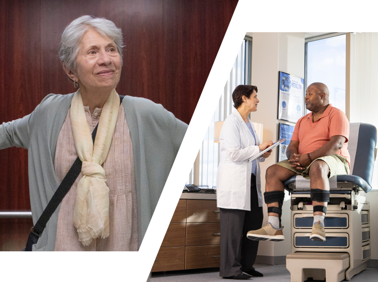 Patient in elevator on the way to her doctor’s appointment. Another patient talking to the doctor.