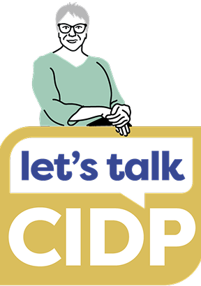 Illustration of Marcy over the Let's Talk CIDP logo