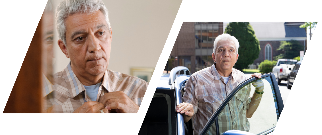 Patient buttoning his shirt and getting out of the car.