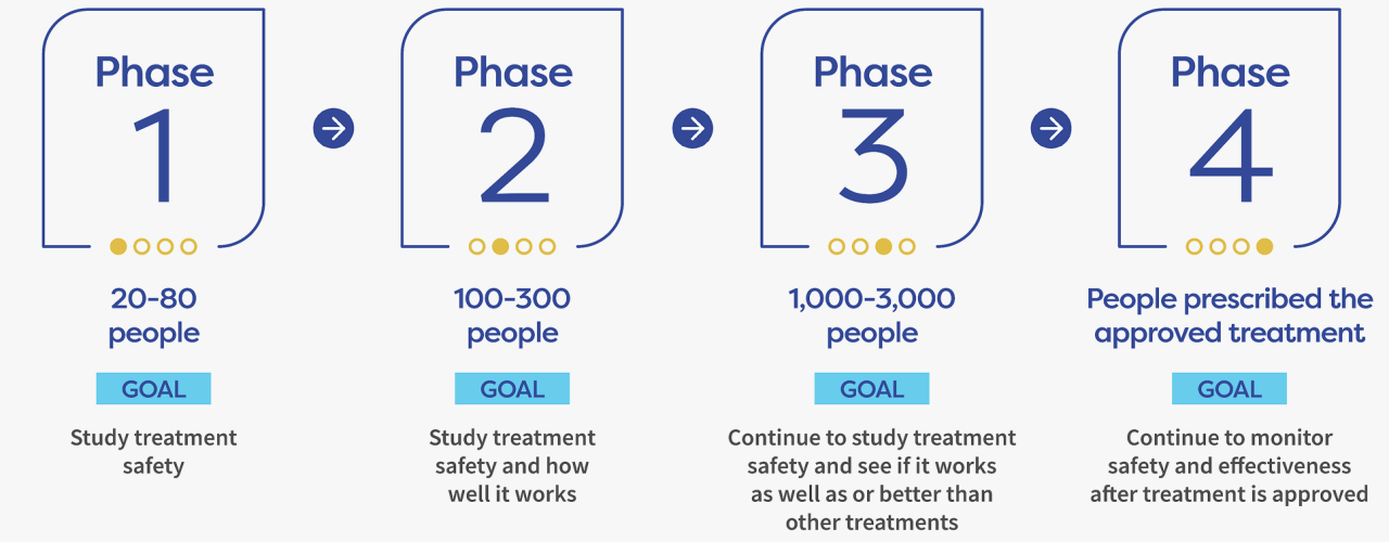 Clinical trials have a total of 4 phases to test safety and effectiveness. Each phase includes more participants than the previous phase.