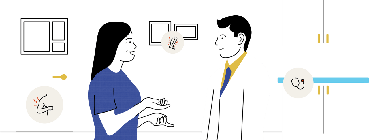 Illustration of a woman talking to a man in a lab coat in a doctor’s office.