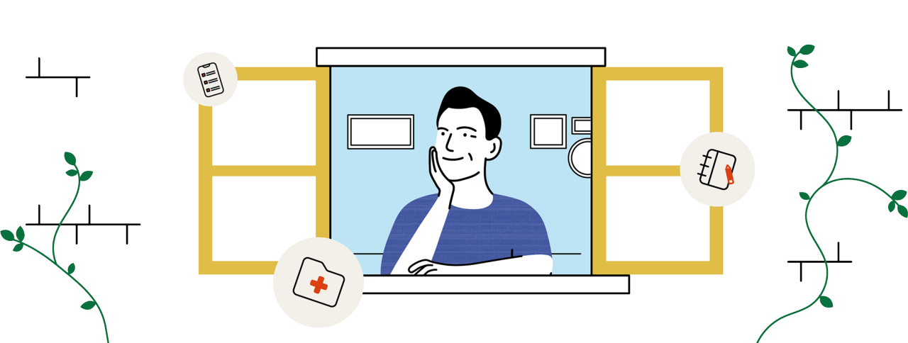 Illustration of a man looking out a window. There are shutters on either side of the window and ivy growing on the building exterior.