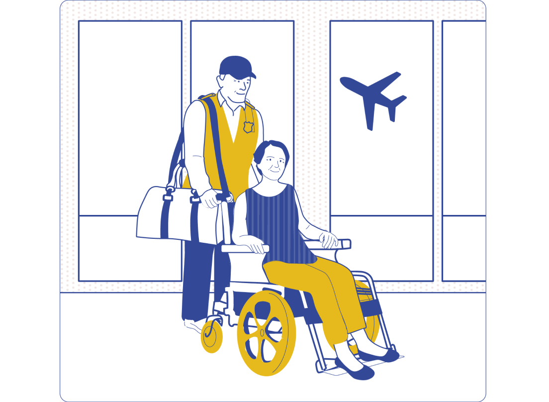 Illustration of woman in wheelchair getting assistance in an airport